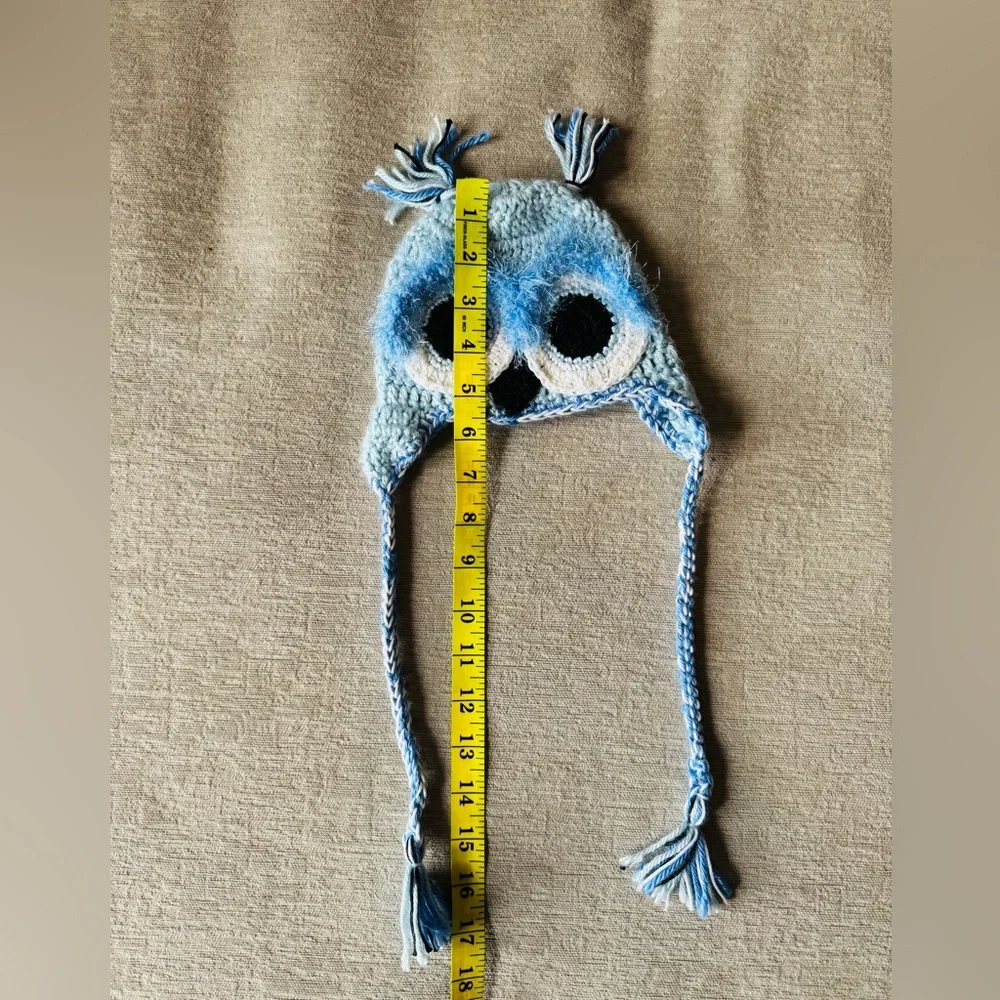 Handmade Crochet Owl Baby Hat 3–6 Months Blue Tassel Earflap